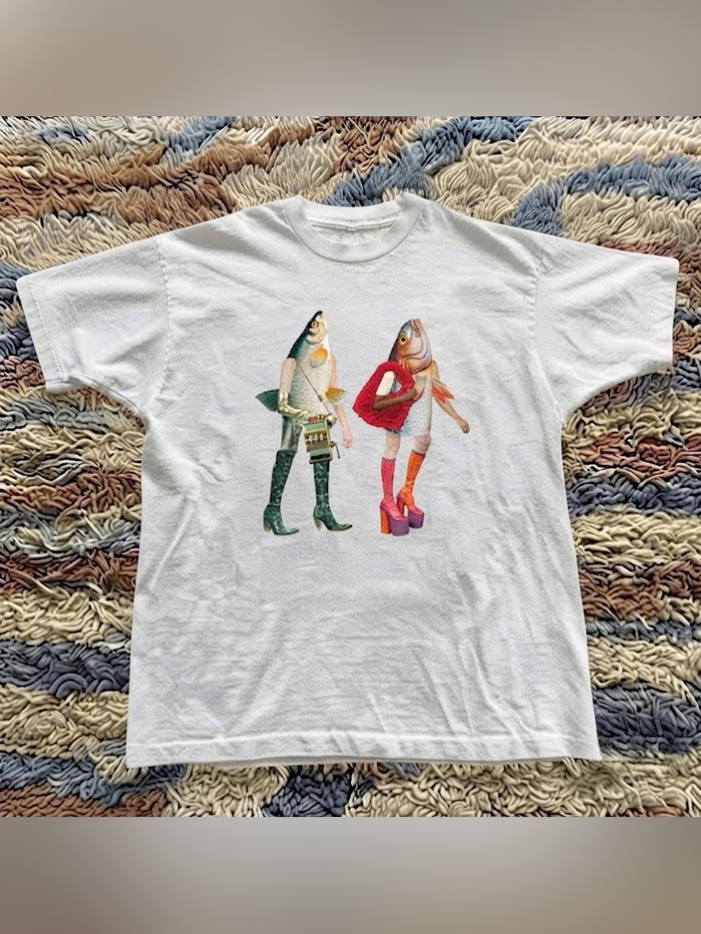 White Short Sleeve Tee with Colorful Fish Characters